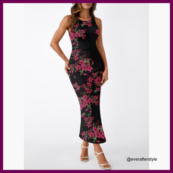 Polyester Spandex Bodycon Maxi Dress Sleeveless Ruched Side Slit - Picture 2 of 5